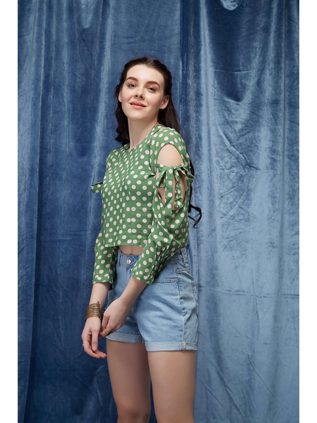 Green Polkadots Tie Sleeve Keyhole Top 